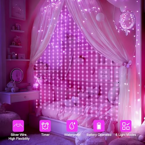 Curtain Lights Battery Operated 9.8 x 9.8Ft with Timer Pink (300 Count)