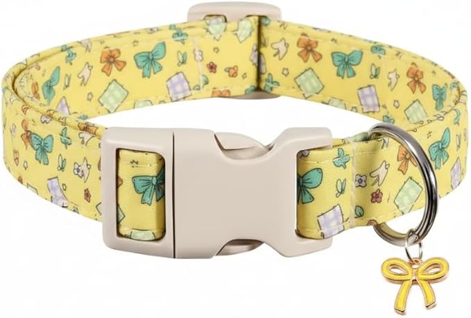 Bow Dog Collar for Large Dogs, Cute Dog Collar with Bow Print and Charm, Pet Collar with Soft Fabric and Quick Release Buckle, Adjustable for Extra Small, Small, Medium & Large Dogs