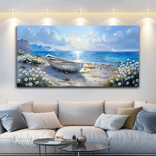 Large Wall Art For Living Room Canvas Wall Decor For Bedroom Office White Flower Seaside Landscape Painting Farmhouse Decorations Wall Pictures Artwork Ready To Hang Home Decor 24"X48"