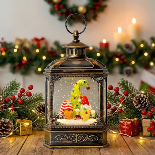 Musical Snow Globe Lantern Lighted Whimsical Christmas Tree & Gnomes Scandinavian Santa Elf Water Lantern with Swirling Glittering Home Decoration and Gift