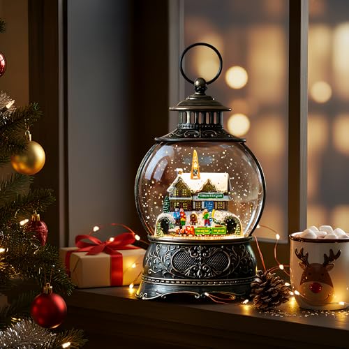Christmas Village Snow Globe Water Lantern with Train Station Scene Battery Operated or USB Powered Musical Lighted Holiday Decoration for Tabletop Display for Family and Friends