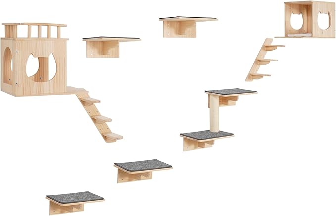 VEVOR Wall Mounted Cat Shelves, Cat Wall Shelves and Perches with Jumping Boards, Cat Beds, Hammocks & Cat Tree, Cat Furniture and Shelves up to 40 lbs for Sleeping, Playing, Climbing, Set of 9