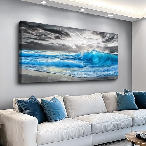 Large Canvas Beach Wall Pictures Wall Decor For Living Room Wall Art For Bedroom Office Decorations Blue Sea Wave Ocean Painting Printing Artworks Modern Restaurant Home Decor 20x40 In