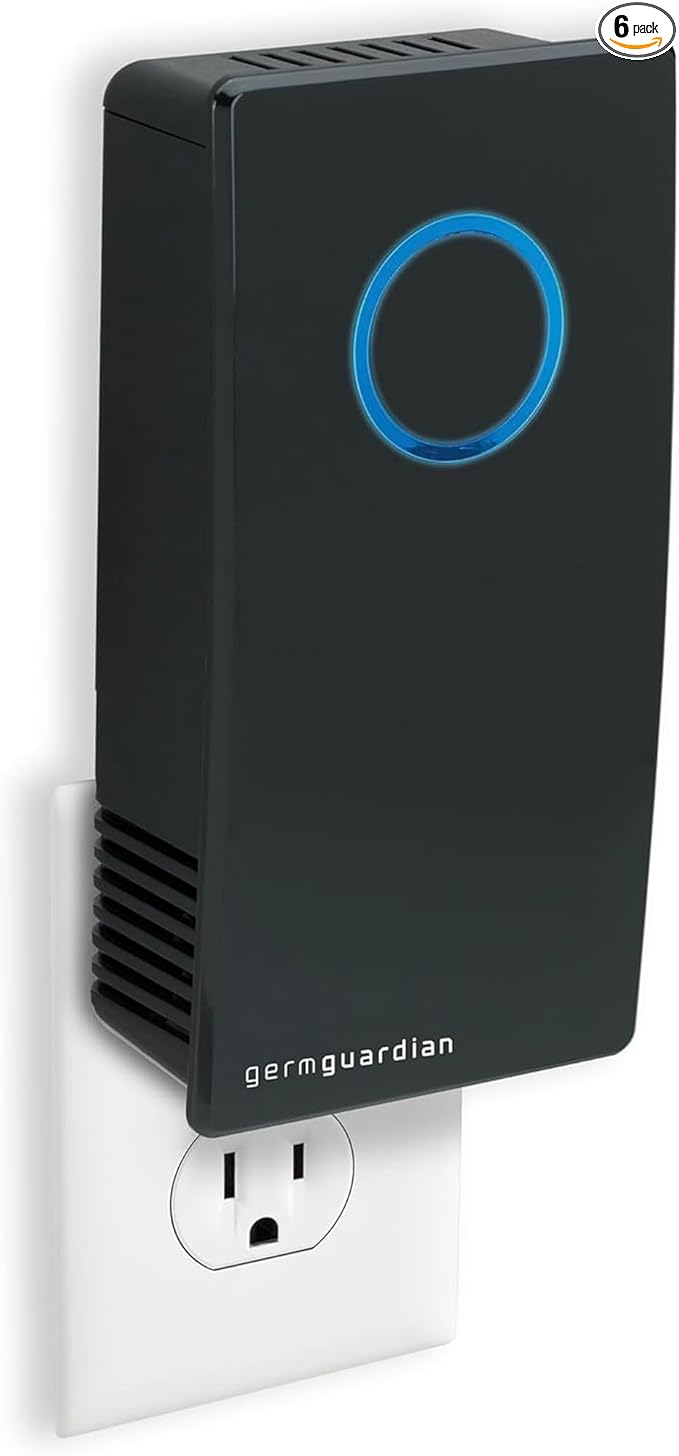 Germ Guardian GG1100B 7” Pluggable Small Air Purifier, Small Room Wall Air Sanitizer, Freshens, UV-C Light Kills Germs, Reduces Odors From Pets, Cooking, Mold, 1-Yr Wty (Black) (Pack of 6)