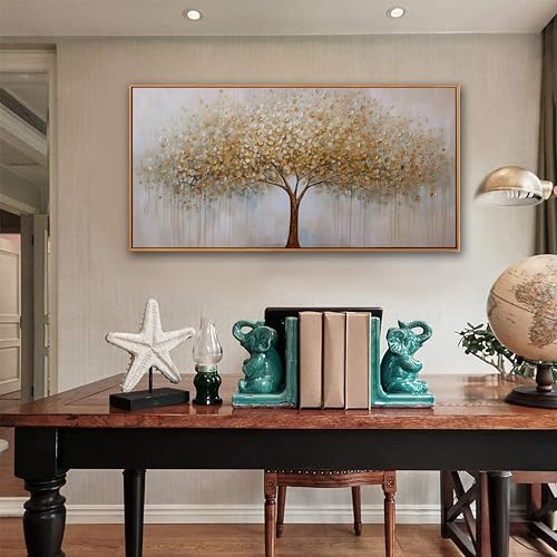 Wall Art Gold Abstract Tree of Life Framed Modern Artwork Canvas Painting Textured Tree Pictures Wall Decor Home Decor Wall Ready to Hang for Bedroom Living Room Size 58" Lx29 W