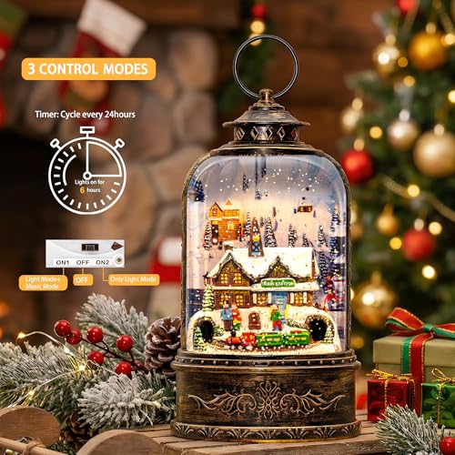 Christmas Village Snow Globe Water Lantern with Train Station Scene Battery Operated or USB Powered Musical Lighted Holiday Decoration for Tabletop Display for Family and Friends