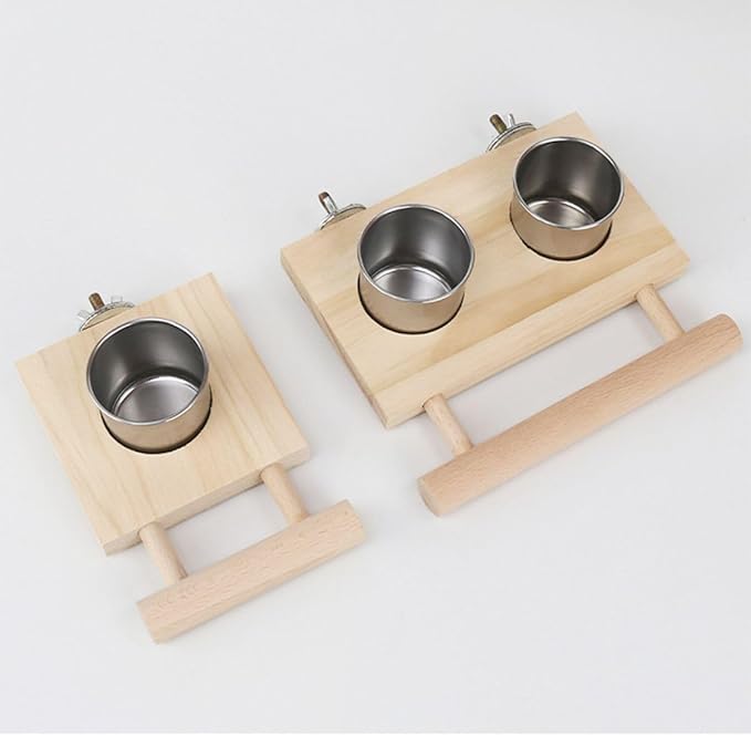 Bird Food Stainless Steel Cups Wooden Perch Stand Hanging Feeder Bowls Feeding and Watering Supplies for Parakeets Conures Cockatiels Budgie Parrot (S)