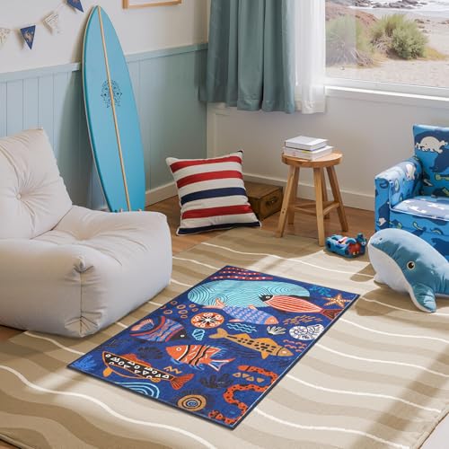 2x3 Coastal Area Rug Washable Kids Rug Colorful Ocean Fish Mat Blue (6 Sq Ft)
