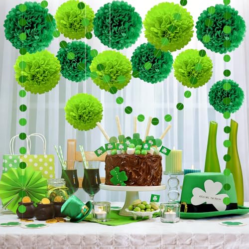 16 Pcs Green Tissue Pom Poms and Dot Garlands (16 Count)