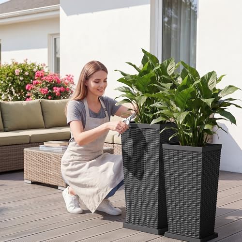 24" Front Porch Resin Rattan Tall Planters 2 Pack (2 Count)