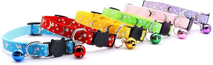 Reflective Cat Collars Breakaway with Bell 2-Pack Girl Boy Pet Kitten Collar with Star Moon Patetrn Adjustable 7.5-12.5 Inch (Pink)