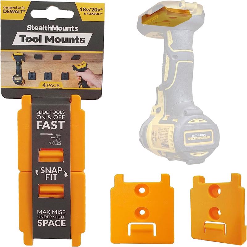 StealthMounts Tool Holders Compatible with DeWalt 18/20V & Flexvolt; Yellow ABS Tool Holder TM-DW18-YLW-4 4 pk