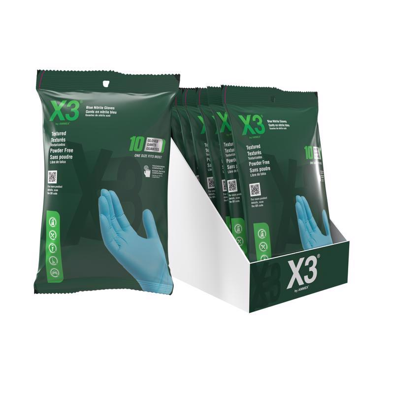 X3 Nitrile Disposable Gloves One Size Fits Most Blue Powder Free X310PK14 10 pk