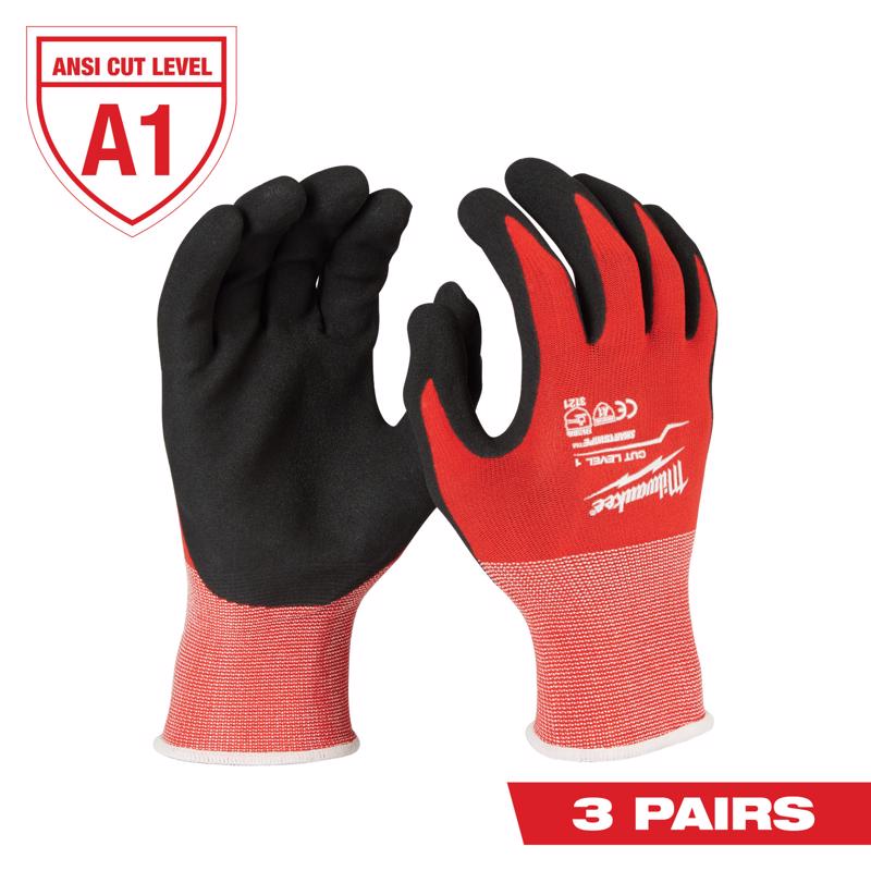 Milwaukee Cut Level 1 Unisex Indoor/Outdoor Gloves Black/Red L 3 pair 48-22-8907R, Pack of 12