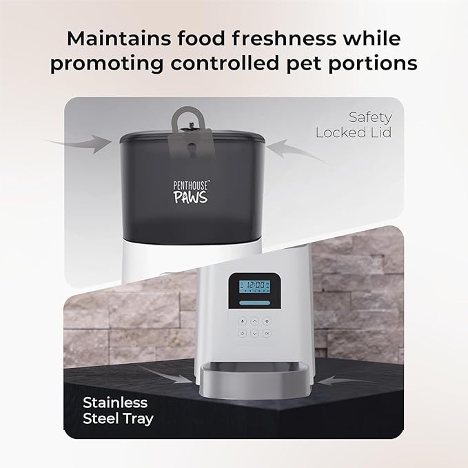 Penthouse Paws® Automatic Pet Feeder 6L, LCD Timed Food Dispenser, Twist-Lock Storage, Anti-Jam, Voice Meal Call, Up to 15 Daily Meals, Battery Backup, White with Stainless Steel Bowl, for Cat & Dog