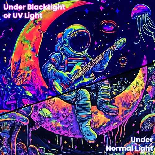 Blacklight Space Astronaut Tapestry UV Reactive Galaxy Planet Glow in Dark Tapestries Black Light Poster Neon Wall Hanging Art for bedroom Living Room