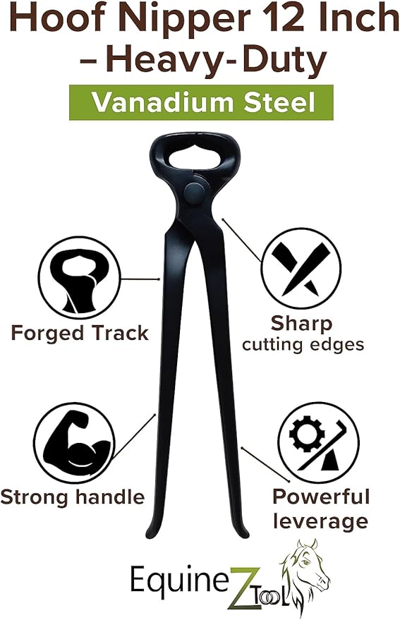 Hoof Nipper 12 Inch–Heavy-Duty Vanadium Steel Farrier Tool–Black Forged Track Veterinary Hoof Trimmer for Horses,Goats & Livestock–Precision Sharp Jaws for Clean Cuts–Professional Farrier Supplies