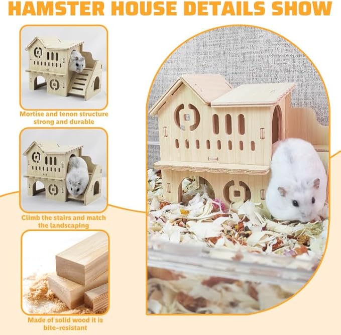 Hamster House,Tiny House with Slide House, Double-Decker Hut,Hamsters Cage Accessories,Small Animal Habitat Decor for Hamster