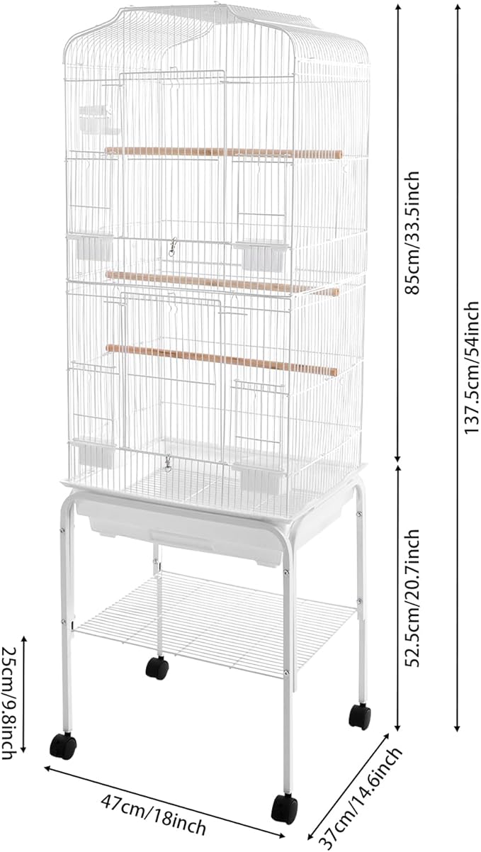 Large Bird Cage with Wheels Parrot Cages for Large Birds Iron Bird Cage with Stand Outdoor Birdcages with Tray, Feeding Bowls & Waterer Big Bird Cages for Parakeets, Lovebird & Pigeon (White)