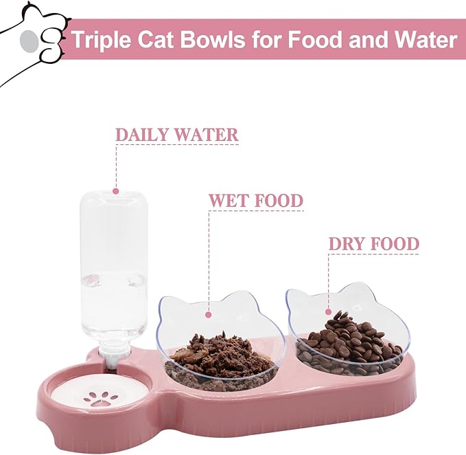 Triple Cat Bowls with Water Dispenser, Pet Water and Food Bowl Set with Non-Slip Mat and Scoop, 15° Tilted Double Dog Cat Bowls, Wet and Dry Food Bowl Set for Cats & Small Dogs (Pink)