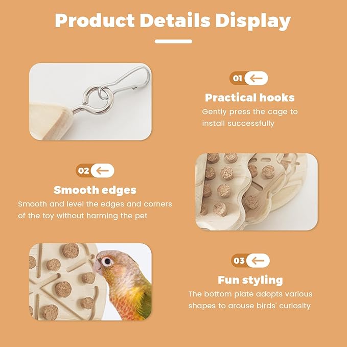 Bird Chew Toy – Wooden Foraging Puzzle Toy with Cork Stoppers, Hanging Bird Cage Toy for Parrots, Conures, Budgies, Cockatiels, Macaws, Finches, and Small to Medium Birds(Pizza)
