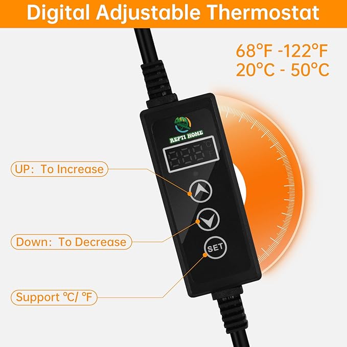 Reptile Heat Pad with Digital Thermostat, Under Tank Terrrarium Heat Mat 16W 8 * 12 Inch, Temperature Controller Heating Pad for Reptile, Turtles, Lizards, Snake, Hermit Crab, Frogs