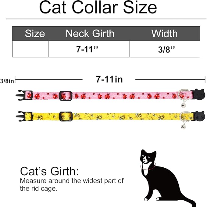 Cat Collar, 2 Pack Breakaway Collar with Bells, Safety Buckle Kitten Collars for Boy and Girl Cats, Bee+Ladybug