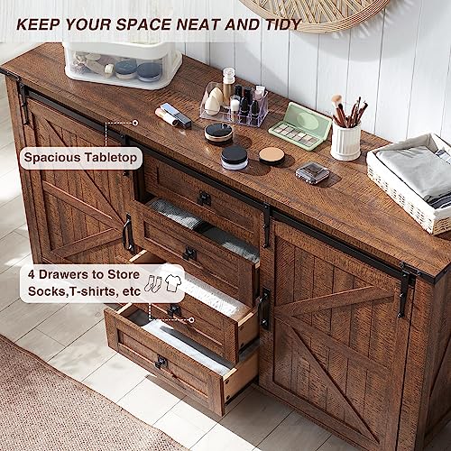 60 Inch Farmhouse Dresser with 4 Drawers and Sliding Barn Doors