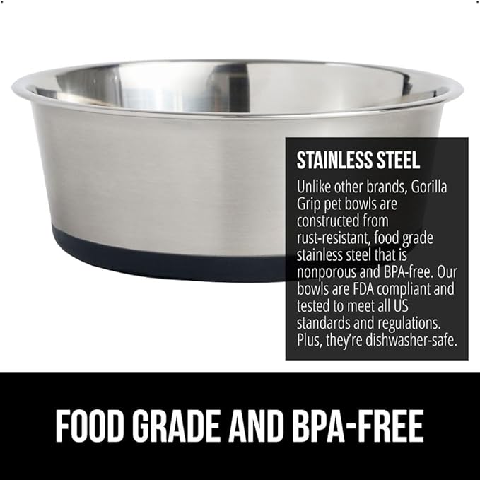 GORILLA GRIP Dog Bowls, Holds 1 Cup Each (8 fl oz), Heavy Duty Stainless Steel Food and Water Bowl for Feeding Dogs and Cats, Dishwasher Safe, Rust Resistant Metal BPA Free Rubber Base, Set of 2 Black