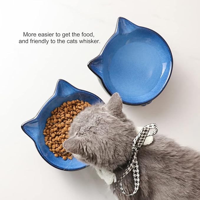 Nihow Ceramic Basic Cat Bowls: 6.25 Inch Cat Bowl for Food & Water - Food Grade Cat Dish for Large-Sized Cat/Medium-Sized Dog - Microwave & Dishwasher Safe -Elegant Blue & Black (8.5 OZ /1 PC)