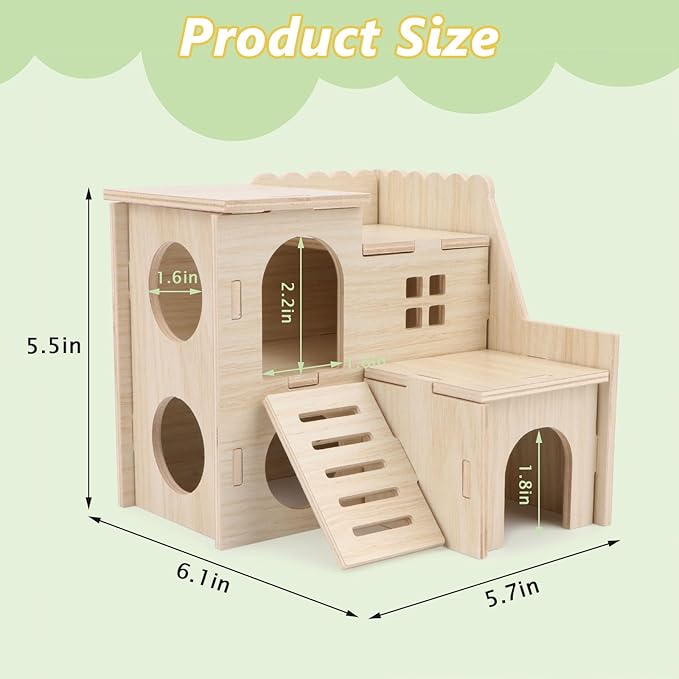 Wontee Dwarf Hamster Hideout Wooden House Maze Fun Slide Double-Decker Hut for Dwarf Hamsters Gerbils Mice or Similar Sized Pets