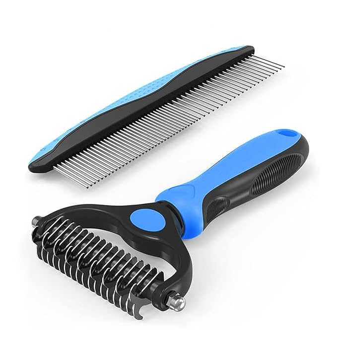 YINGFAN Pet Grooming Combo, Double-Sided Dematting Deshedding Undercoat Rake for Dogs and Cats, Extra Wide Dog Brush for Shedding (Blue)