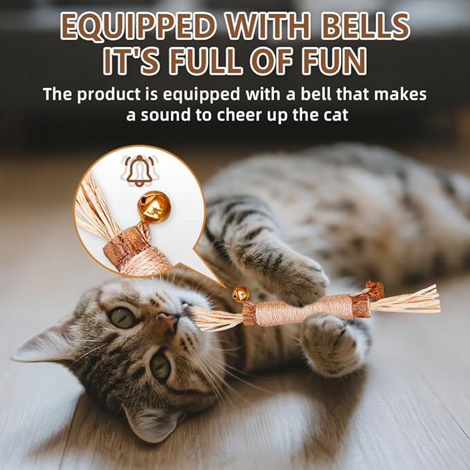 Natural Dried Matatabi Cat Chew Stick with Gall Fruit, Raffia Grass & Bell Cat Ball Toys, Handmade Silvervine Sticks Interactive Catnip Toys for Teething & Entertainment (Size L Color B)