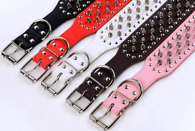 Serijoars Spiked Studded Dog Collar, PU Leather Dog Collar, Adjustable Pet Collars for Medium or Large Breed Pet (L, Dark Brown)