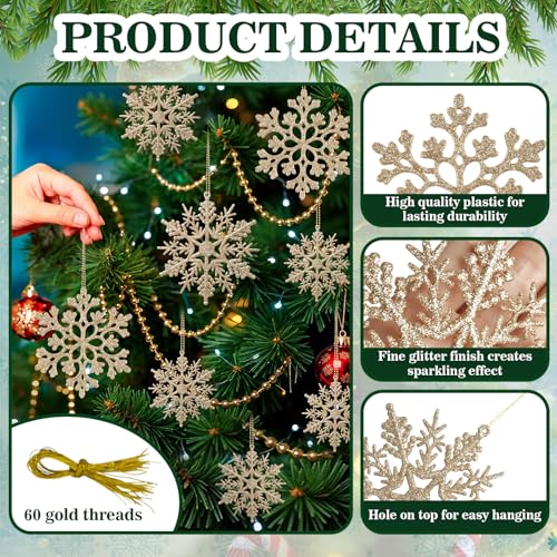 60pcs Christmas Champagne Gold Snowflake Ornaments Plastic Glitter Snow Flakes Ornaments for Winter Christmas Tree Decorations Size Varies Craft Snowflakes (60 Count)