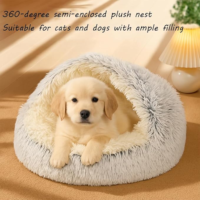 Plush Fluffy Dog and Cats Round Bed, Ultra-Soft Plush with Raised Rim, Non-Slip Bottom, Plush Cat Bed with A Cover, for Small Dogs and Cats (Pink, Small)