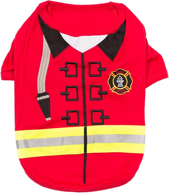 Parisian Pet Embroidered Dog Firefighter Costume - 100% Cotton and Polyester - Sleeved Pet Shirt - Red - 2XL