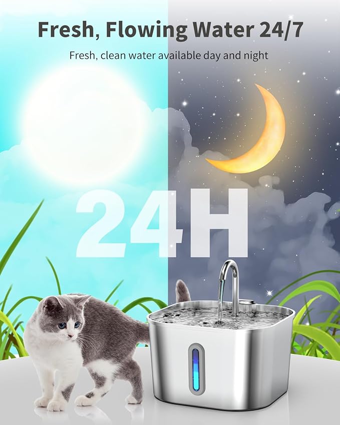 Cat Water Fountain Stainless Steel, 74oz/2.2L Automatic Cat Drinking Fountain with 4 Filters & 4 Sponges, Pet Water Dispenser with Quiet Pump, Suitable for Cats, Dogs and Multi-pet households