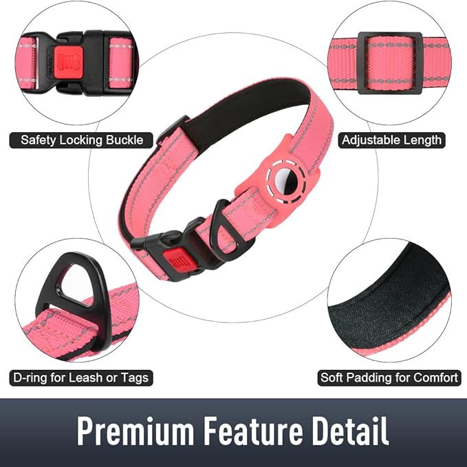 Airtag Dog Collar with AirTag Holder for Large Dogs, Reflective, Soft Padded & Safety Locking Buckle, Nylon Pet Collars Adjustable for All Breeds, Pink,XL