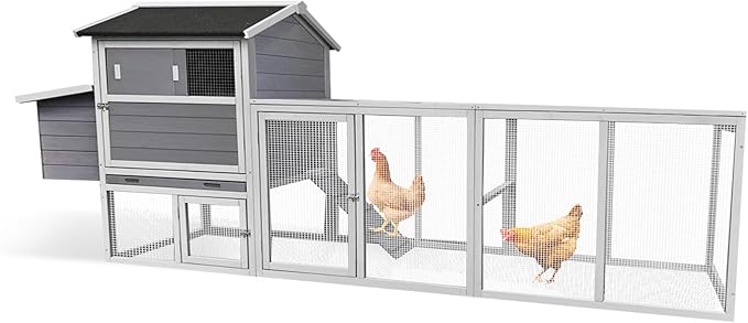 KEIKI 113" Large Outdoor Wooden Chicken Coop with Run and Nesting Box, Waterproof Hen House with Anti-UV Roof, Secure Latches, and Openable Top for Backyard Poultry, Gray