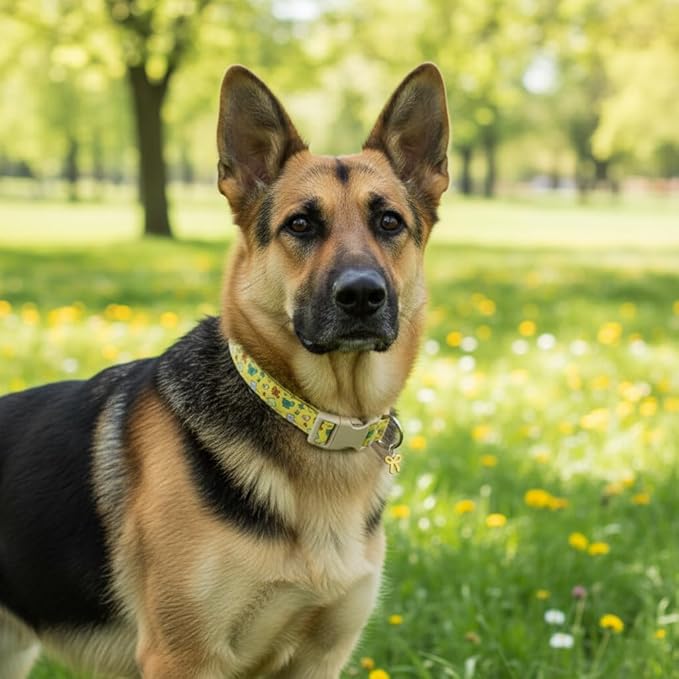Cute Dog Collar with Yellow Bow Pattern, Girl Dog Collar for Small Dogs, Adjustable Spring/Summer Puppy Collar Made of Soft Fabric and Quick Release Buckle, S