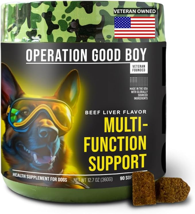 Operation Good Boy 10-in-1 Multivitamin Supplement for Dogs, Glucosamine, Probiotics, Omegas, Enzymes, & Vitamins – 90 Soft Treats, Natural Ingredients, Veteran Owned, Beef Flavored