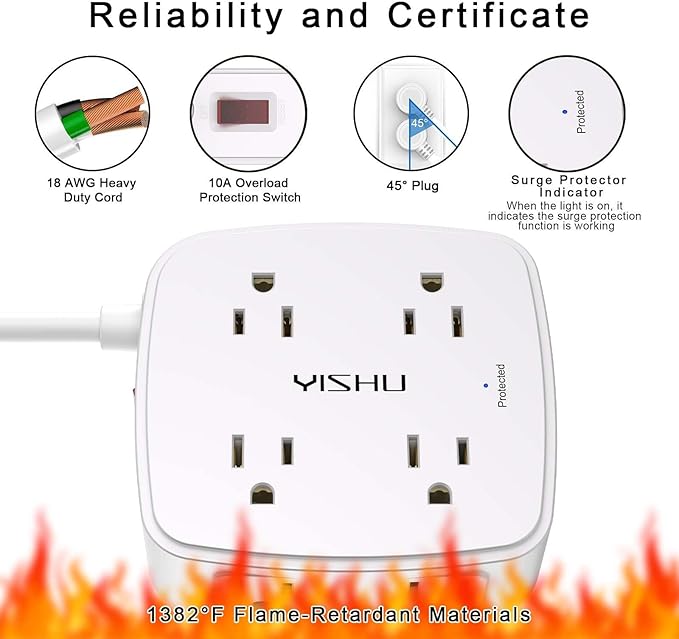 Surge Protector Power Strip - YISHU 8 Widely Outlets with 2 USB-C(PD 30W) and 2 USB-A Ports, 3 Side Outlet Extender with 6Ft Flat Plug Extension Cord, Wall Mount, Desk USB Charging Station, ETL,White