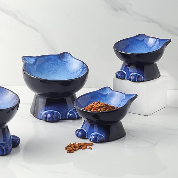 Nihow Slanted Elevated Cat Bowls: 6.25 Inch Ceramic Raised Cat Food Bowl for Protecting Pet's Spine - Microwave & Dishwasher Safe -Elegant Blue & Black (6.8 OZ /1 PC)