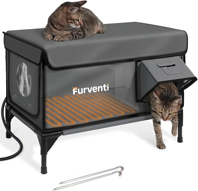 Outdoor Heated Cat House in Winter,Extremely Insulated & Weatherproof,Elevated Feral Cat Shelter with Waterproof Eaves & Escape Door for Outside Stray Barn Cat (Dark Grey,M.)