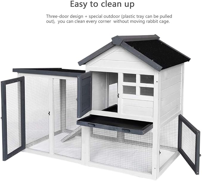 BIRASIL Wood Rabbit Hutch, Guinea Pig Cage with Pull Out Tray, 2 Levels Bunny House for Small Animals Outdoor Indoor (Gray, 48 Inch)