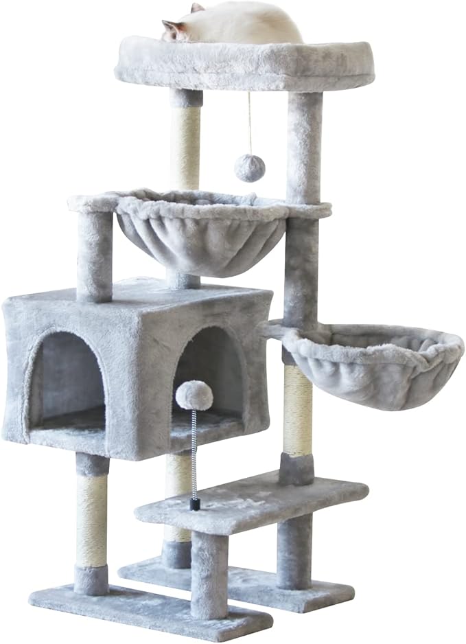 KIYUMI Cat Tree Cat Tower Condo with Sisal Scratching Post for Indoor Cats Cat Tree Cat Furniture with Hammock Perch and Kitten Ball Toys, Multi-Level Pet Activity Center Grey