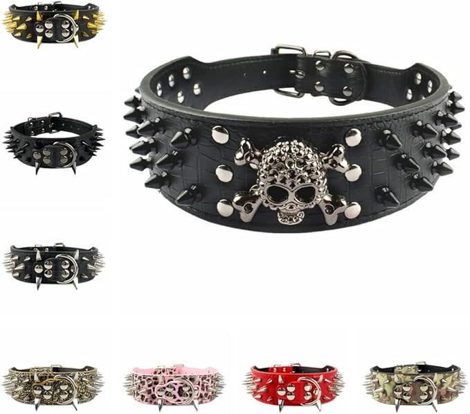 Serijoars Spiked Studded Dog Collar, PU Leather Dog Collar, Adjustable Pet Collars for Medium or Large Breed Pet (L, Gold Brown5)