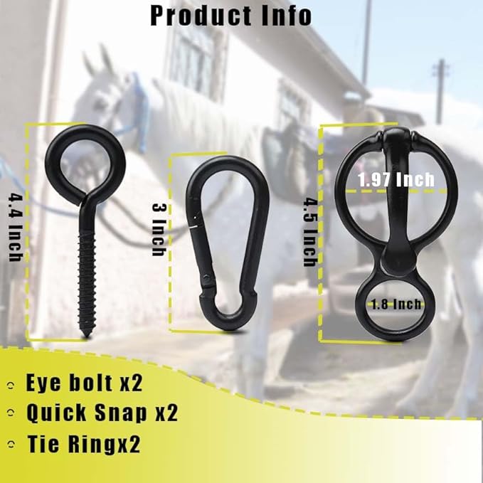 2pcs Horse Tie Ring, Heavy Duty Tie Ring Horse Training Equipment with Eye Bolt,Quick snap,Humane and Safe Tie Way,Black