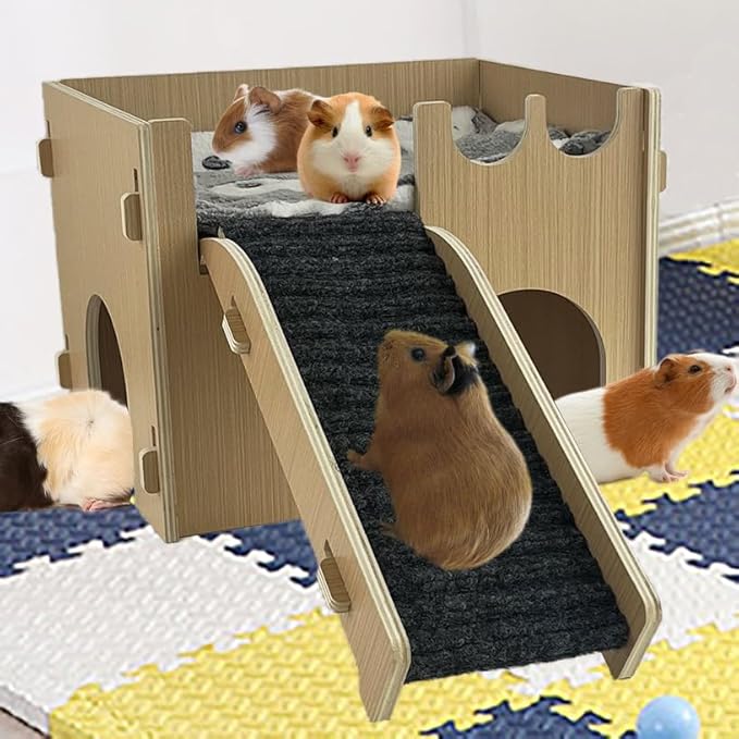Guinea Pig Castle Hideout, Wooden Hamster House with Stairs & Mat,Small Animal House Hut Habitats 2 Doors for Hamsters Chinchillas Bunny Hiding Playing Sleeping
